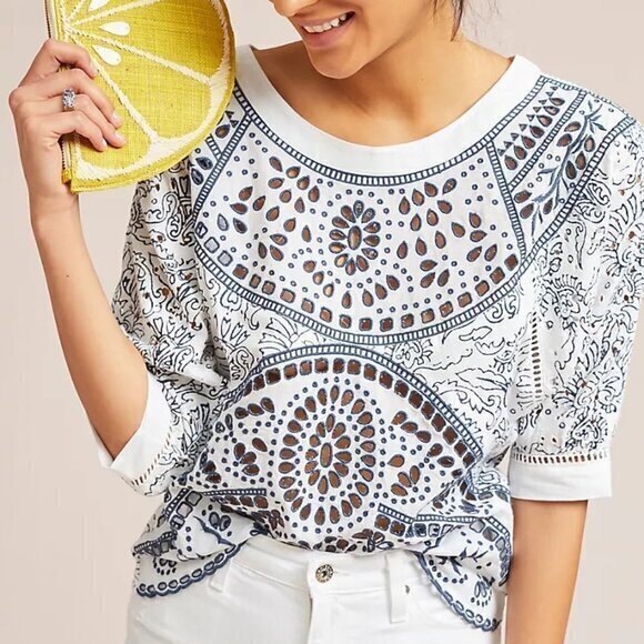 Anthropologie Tops - Maeve Anthropologie Ester Eyelet Embroidered Top White Blue XS Extra Small